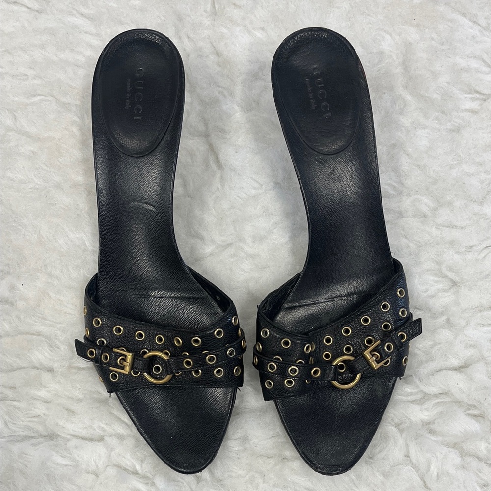 Gucci Black Leather Grommet Heels